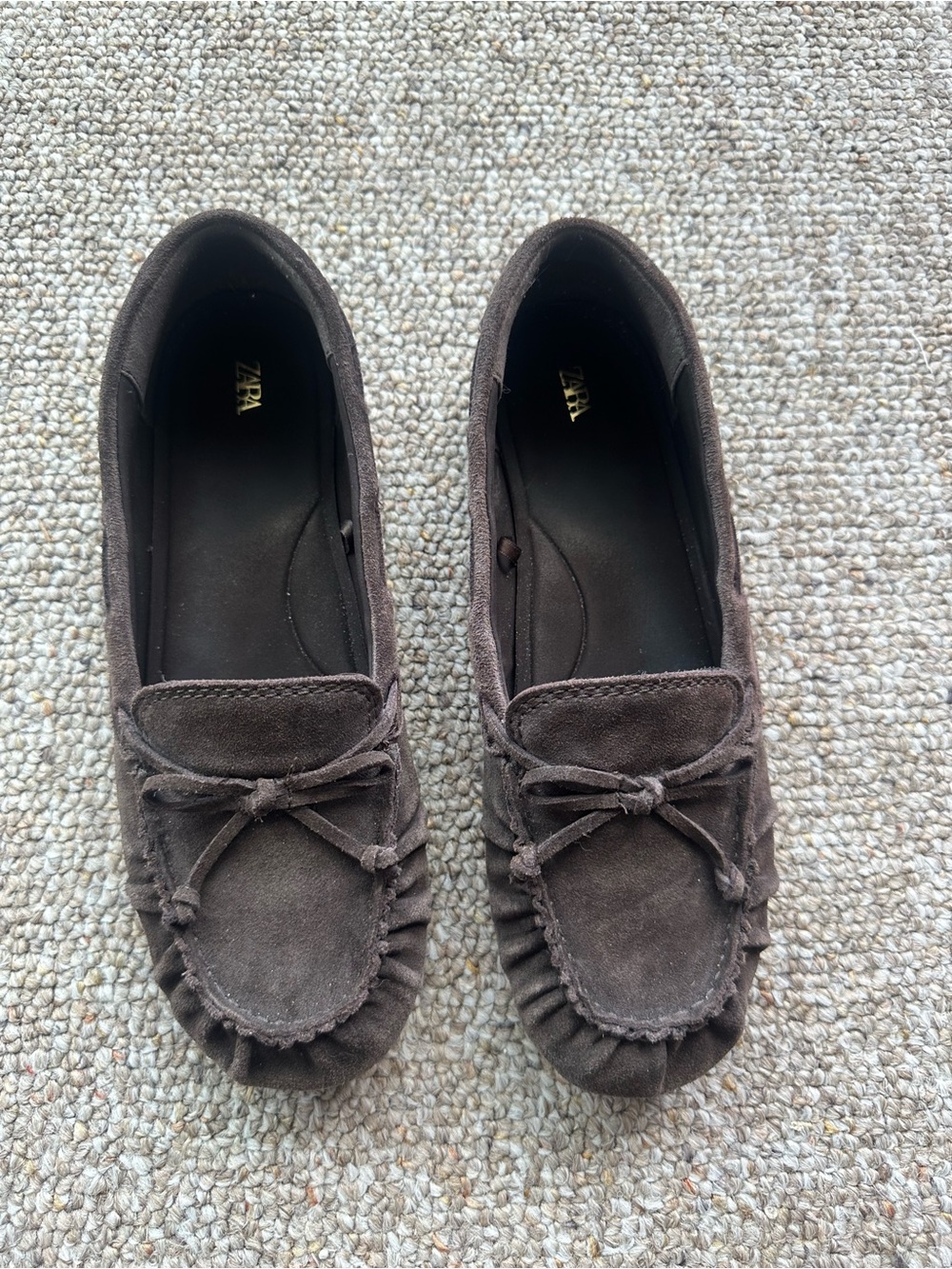 Zara Women’s Dark Brown Suede Moccasin Loafers with Bow
